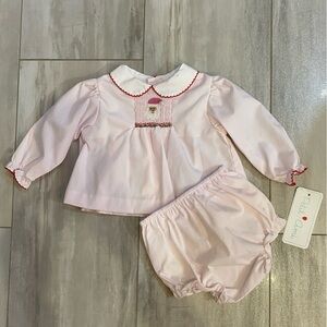NWT Petit Ami Light Pink Smocked Santa Embroidered Diaper Set baby girl 3M